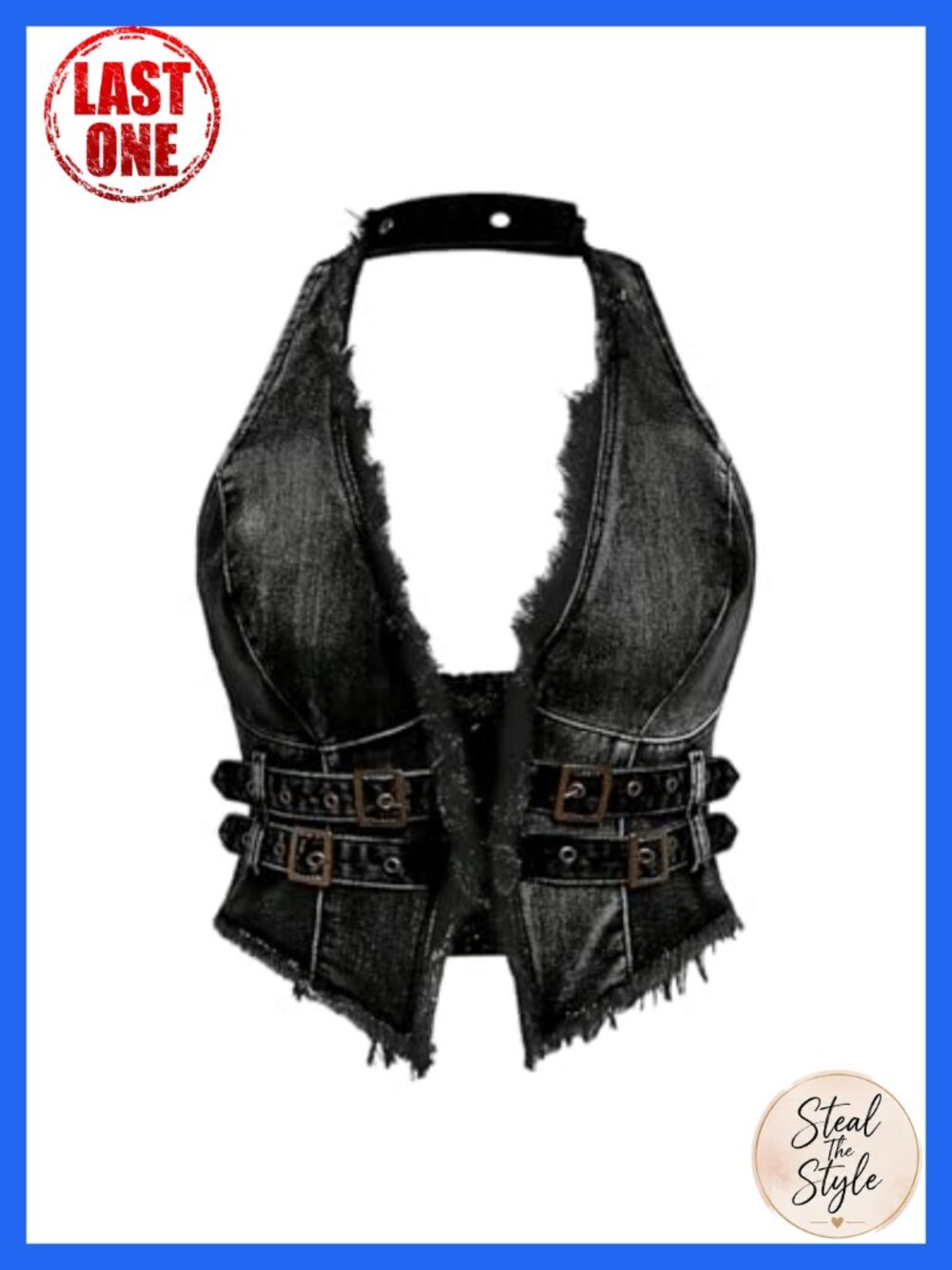 Plus Size Frayed Denim Halter Crop Top Sleeveless Backless Punk Hippie Top